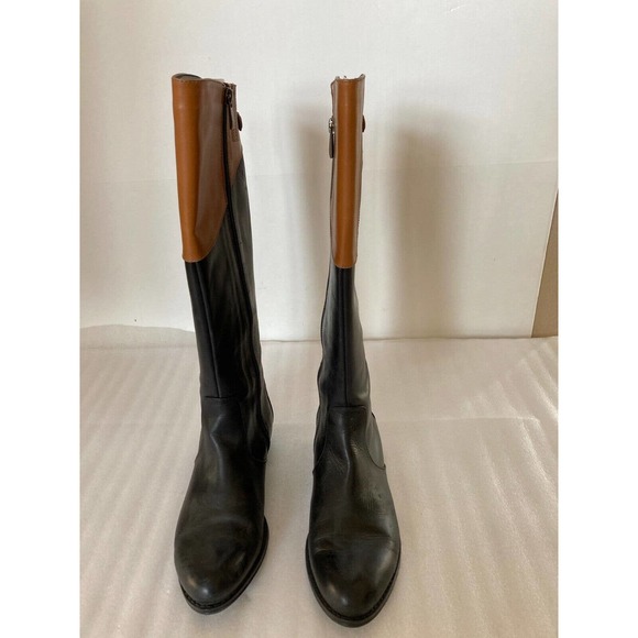 Isaac Mizrahi IMBETH Tall Riding Boots Black Cognac Size 8.5M Leather Duo Tone - Picture 2 of 9
